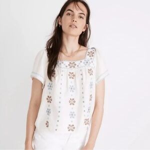 Madewell White Blouse with Blue and Brown Embroidery